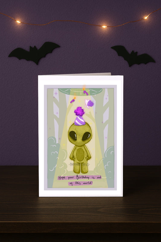 Alien Birthday Card - Handmade Greeting Card with Envelope + Stickers - The Cryptid Card Collection