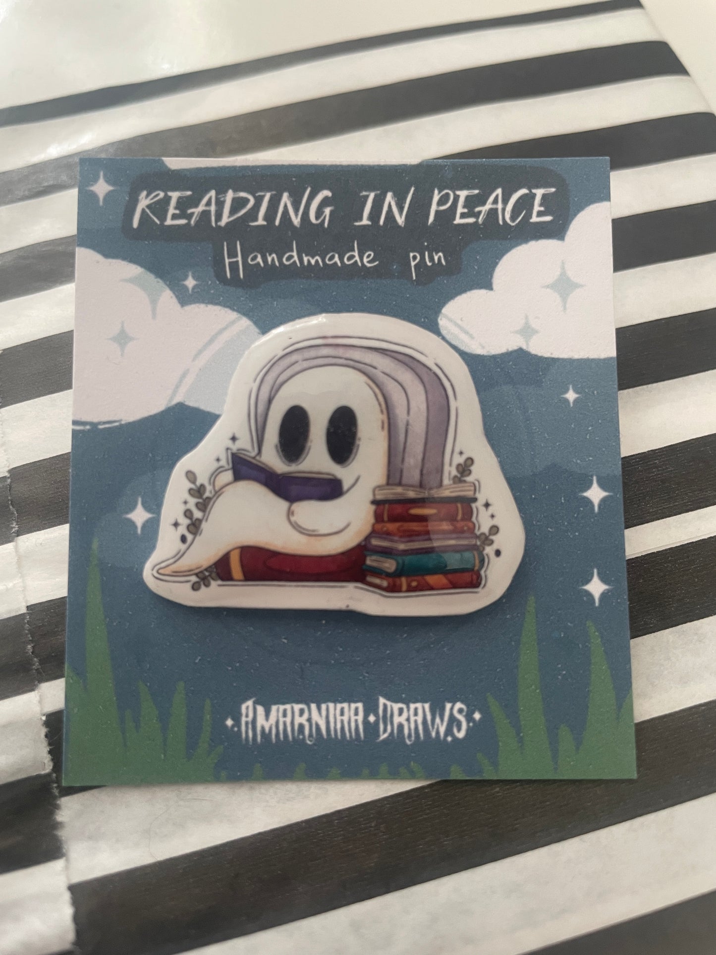 Reading in Peace - Ghost | Handmade Illustrated Pin | Resin Coated with a Metal Pin and Clutch | Spooky Cute Halloween Pin
