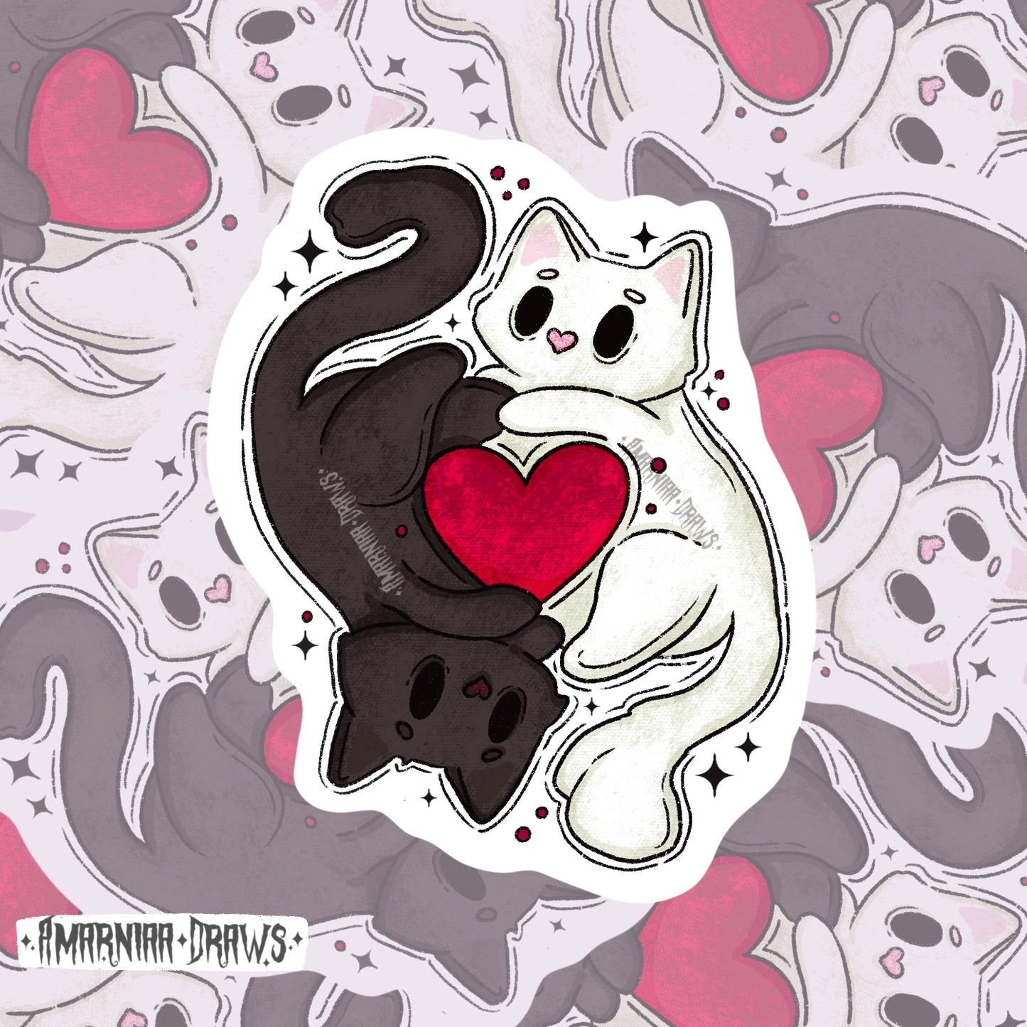 Yin and Yang Cats - Handmade Sticker | Original Spooky Cute Art Design - Halloween gift and Stationery