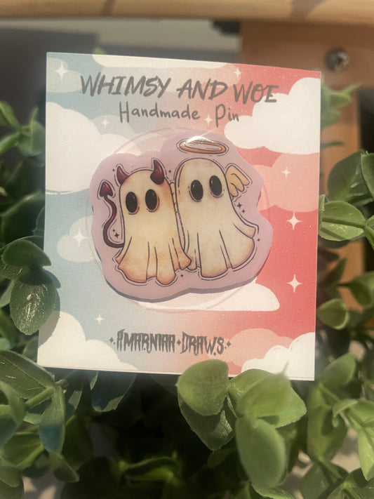 Whimsy and Woe | Angel and Devil Ghosts - Handmade Illustrated Pin | Resin Coated with a Metal Pin and Clutch | Spooky Cute Halloween Pin